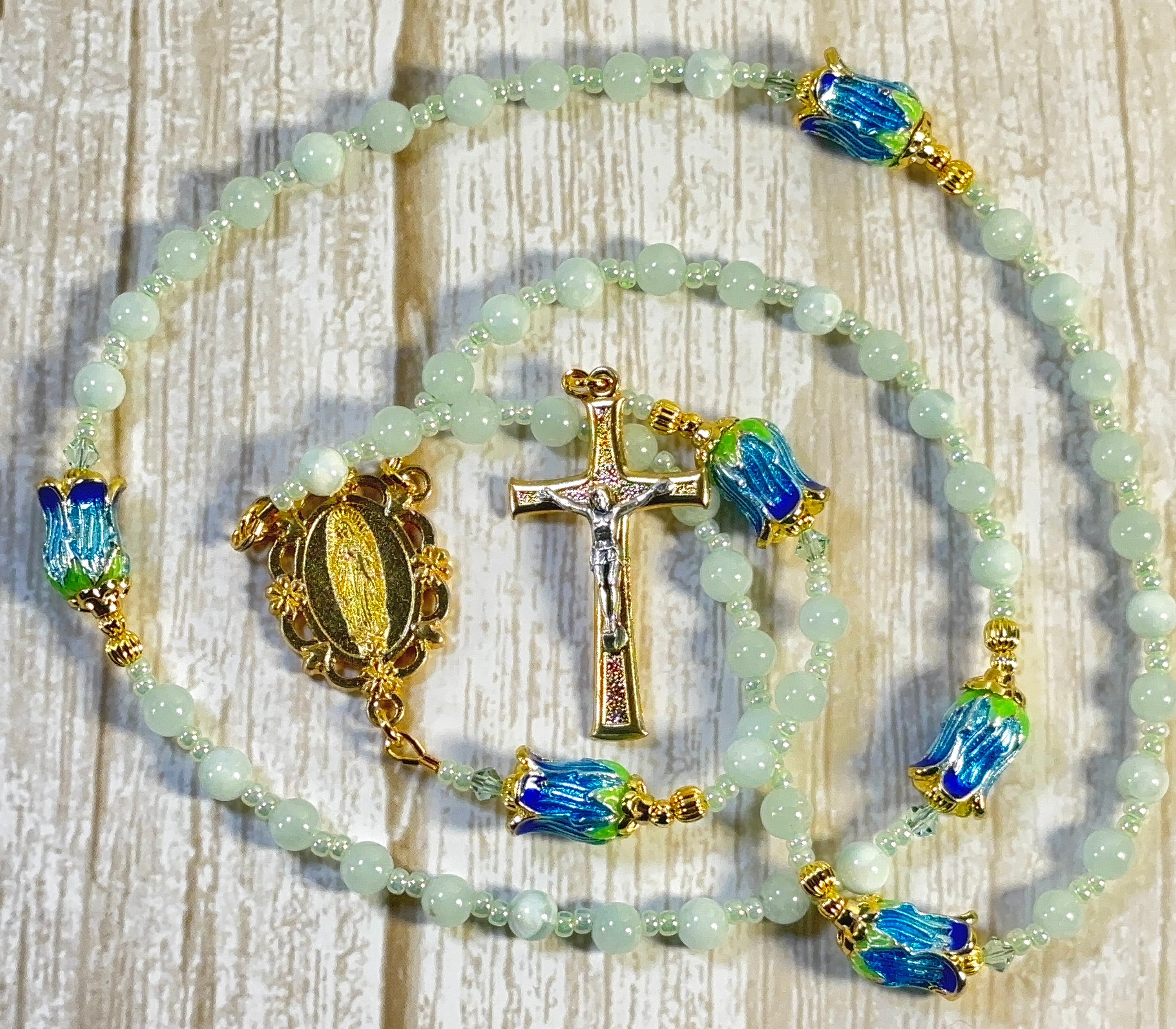 Our Lady of Guadalupe Green Aventurine & Blue Cloisonné Rosary