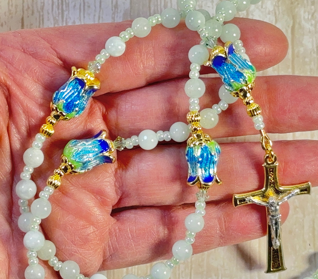 Our Lady of Guadalupe Green Aventurine & Blue Cloisonné Rosary