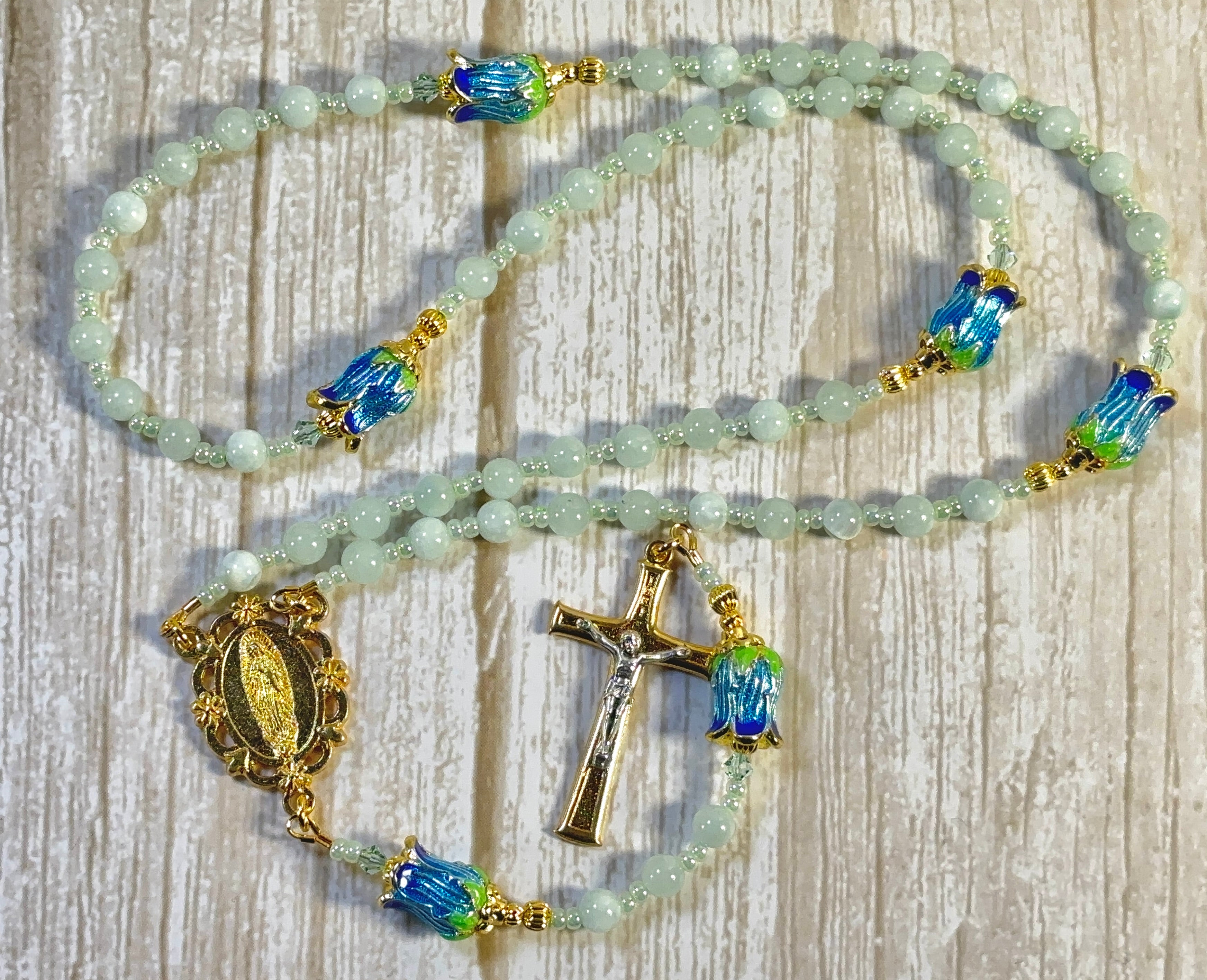 Our Lady of Guadalupe Green Aventurine & Blue Cloisonné Rosary