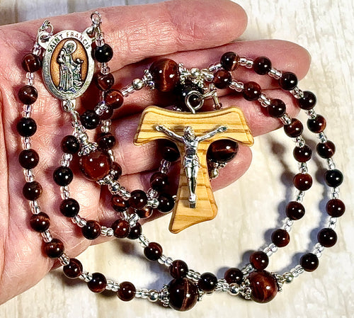 Saint Francis Garnet Tiger Eye Rosary with Olive Wood Tau Cross